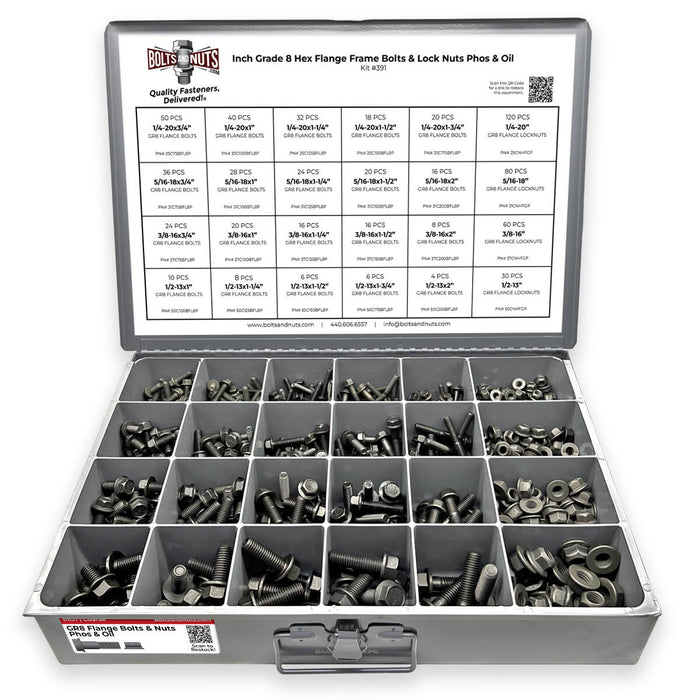 Inch Grade 8 Hex Flange Frame Bolts & Lock Nuts Phos & Oil Assortment - 693 PCS