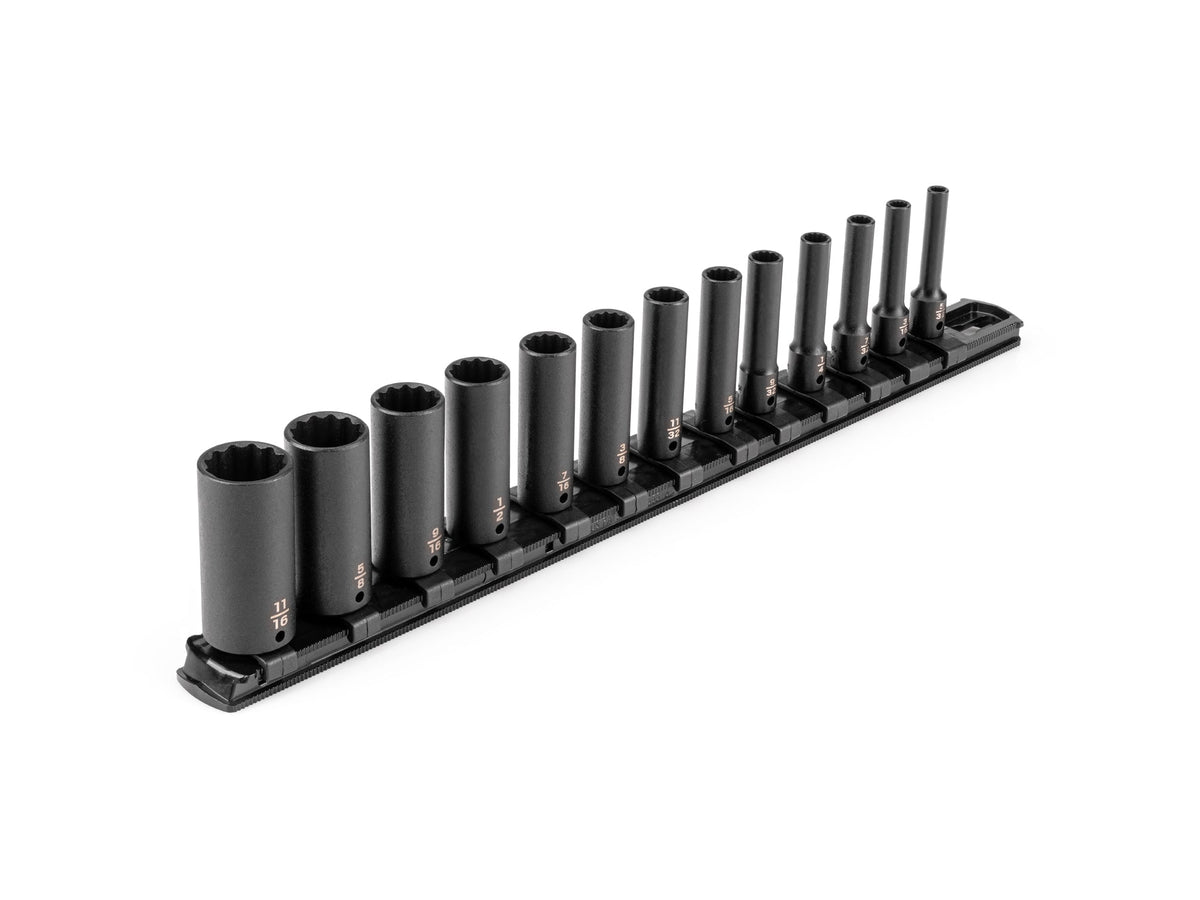 1/4 Inch Drive Deep 12-Point Impact Socket Set with Rail, 13-Piece (5/32 - 11/16 in.)