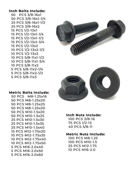 Inch & Metric Grade 8 / Class 10.9 Flange Bolt & Lock Nut Kit - 1176 PCS