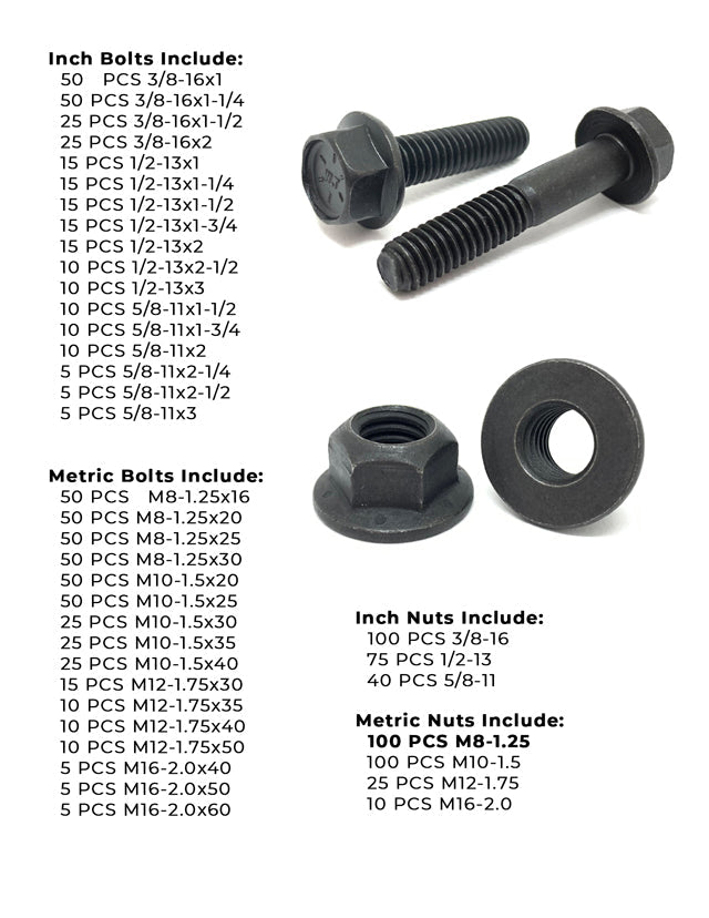 Inch & Metric Grade 8 / Class 10.9 Flange Bolt and Lock Nut Kit - 1175 PCS