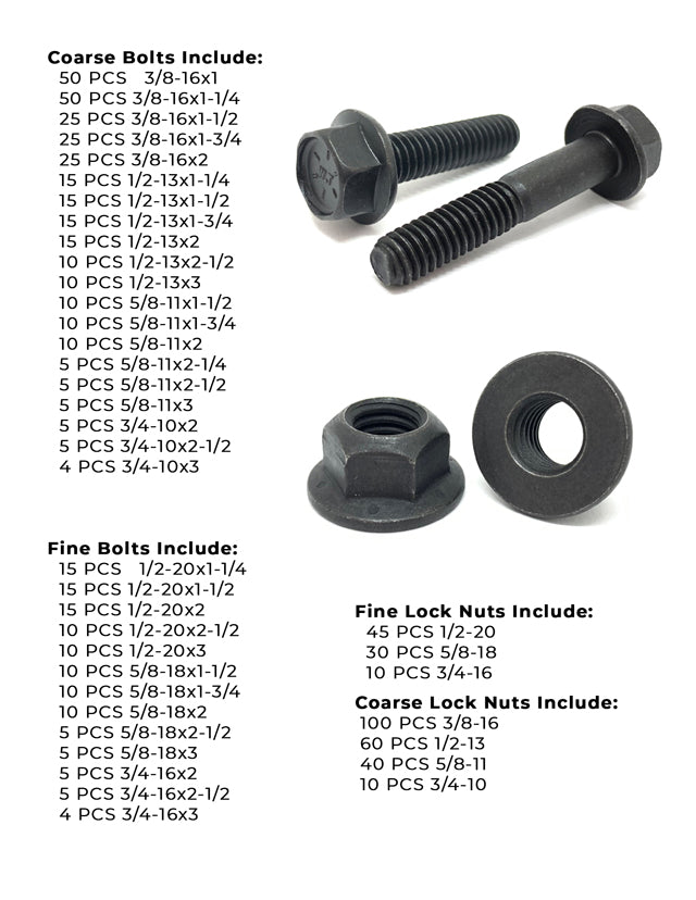 Inch Grade 8 Coarse & Fine Thread Hex Flange Bolt & Lock Nut Kit - 729 PCS