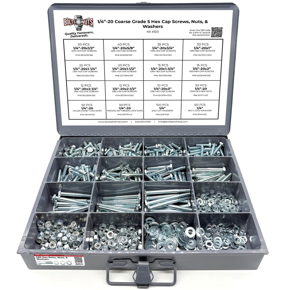 1/4"-20 Coarse Grade 5 Hex Cap Screws, Nuts, & Washers - 575 PCS