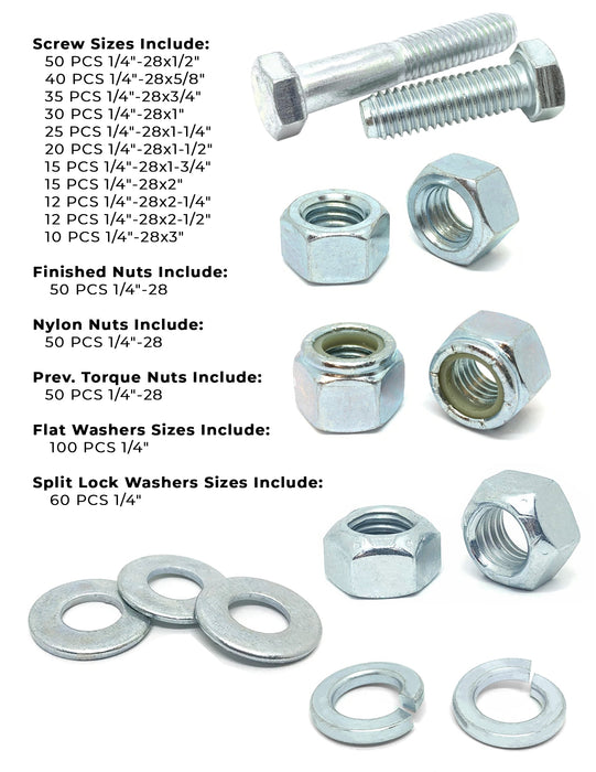 1/4"-28 Fine Grade 5 Hex Cap Screws, Nuts, & Washers - 575 PCS