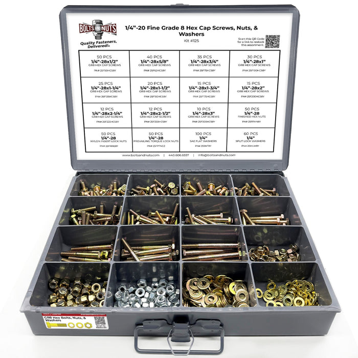 1/4"-28 Fine Grade 8 Hex Cap Screws, Nuts, & Washers - 575 PCS