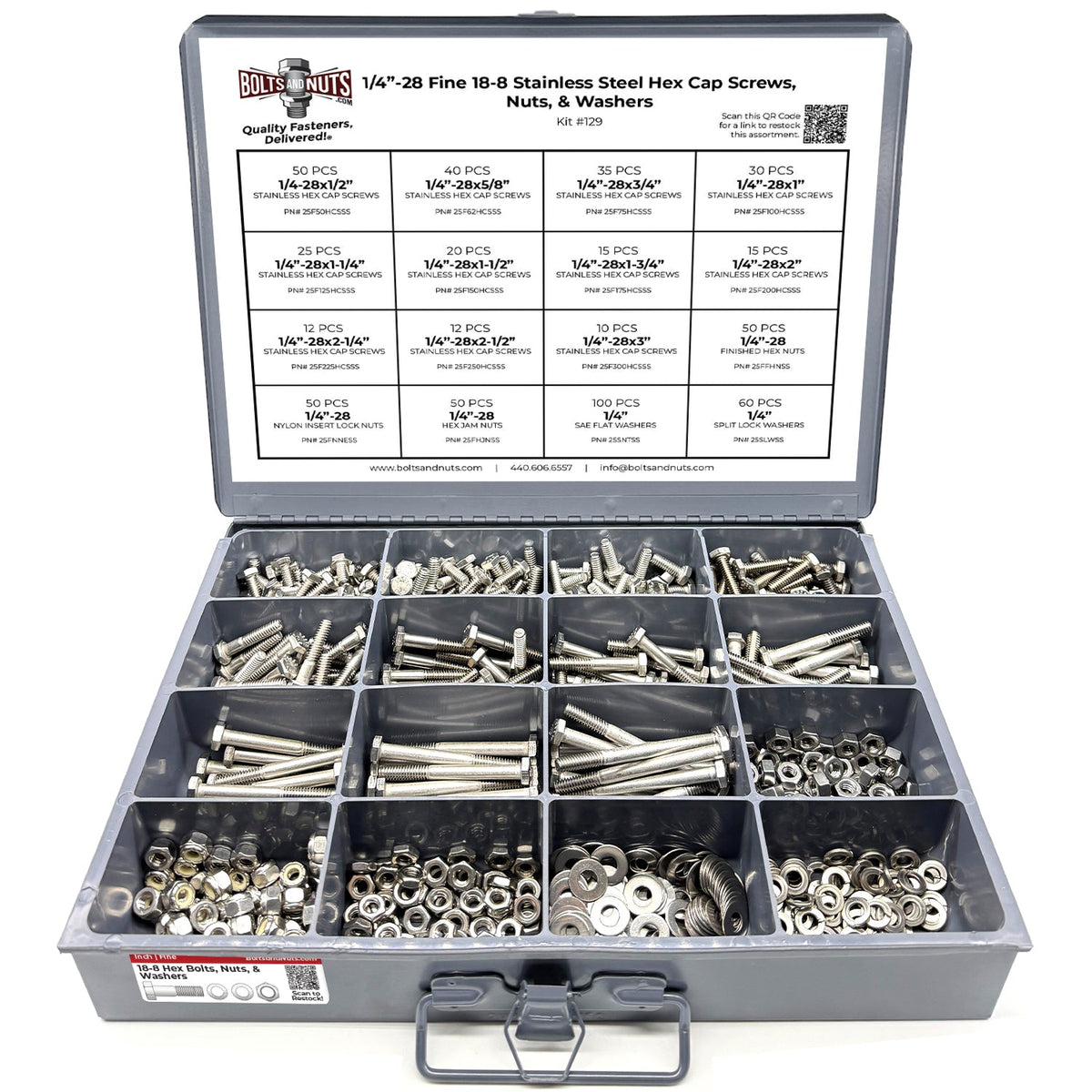 1/4"-28 Fine 18-8 Stainless Steel Hex Cap Screws, Nuts, & Washers - 575 PCS