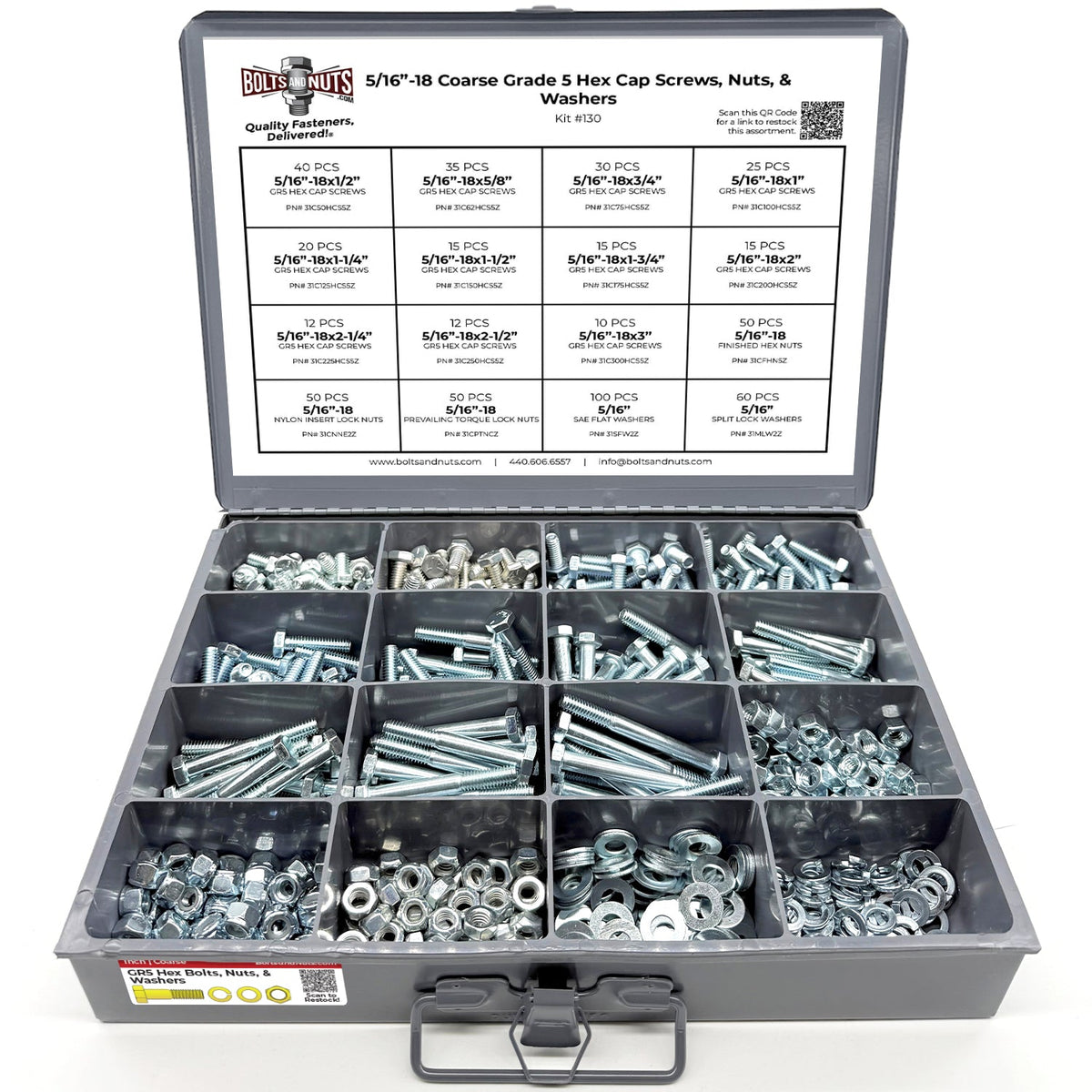 5/16"-18 Coarse Grade 5 Hex Cap Screws, Nuts, & Washers - 540 PCS