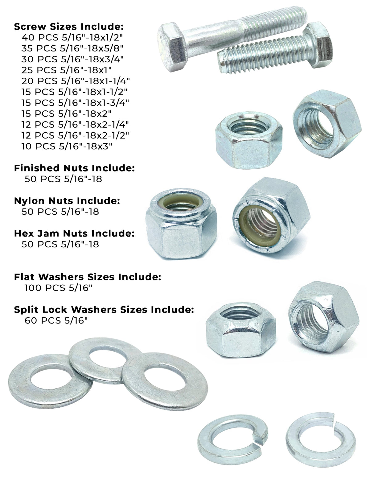 5/16"-18 Coarse Grade 5 Hex Cap Screws, Nuts, & Washers - 540 PCS