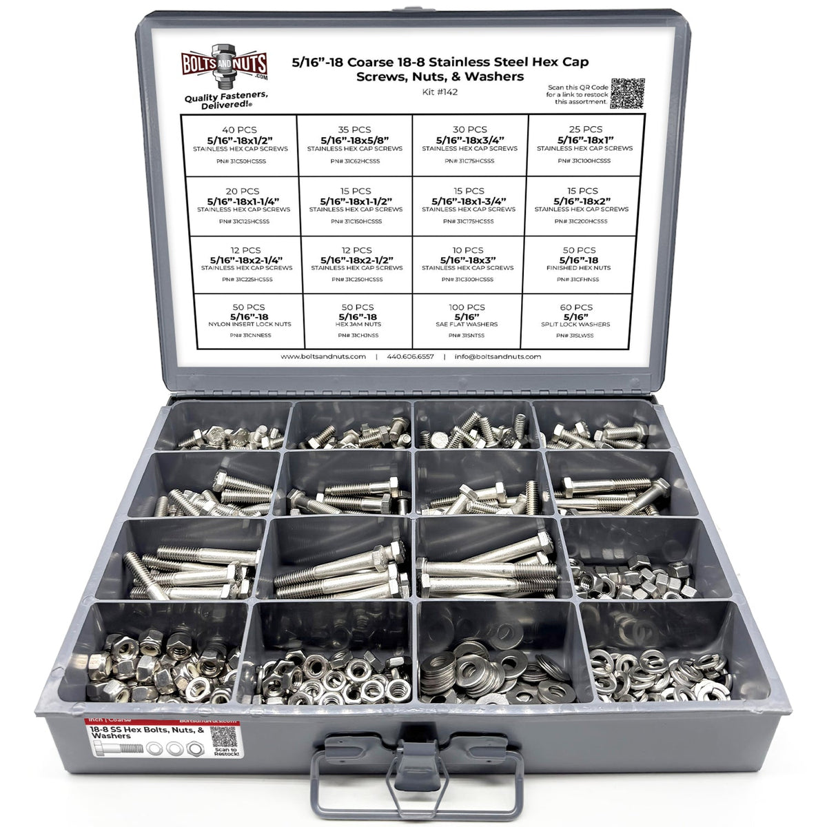5/16"-18 Coarse 18-8 Stainless Steel Hex Cap Screws, Nuts, & Washers - 540 PCS