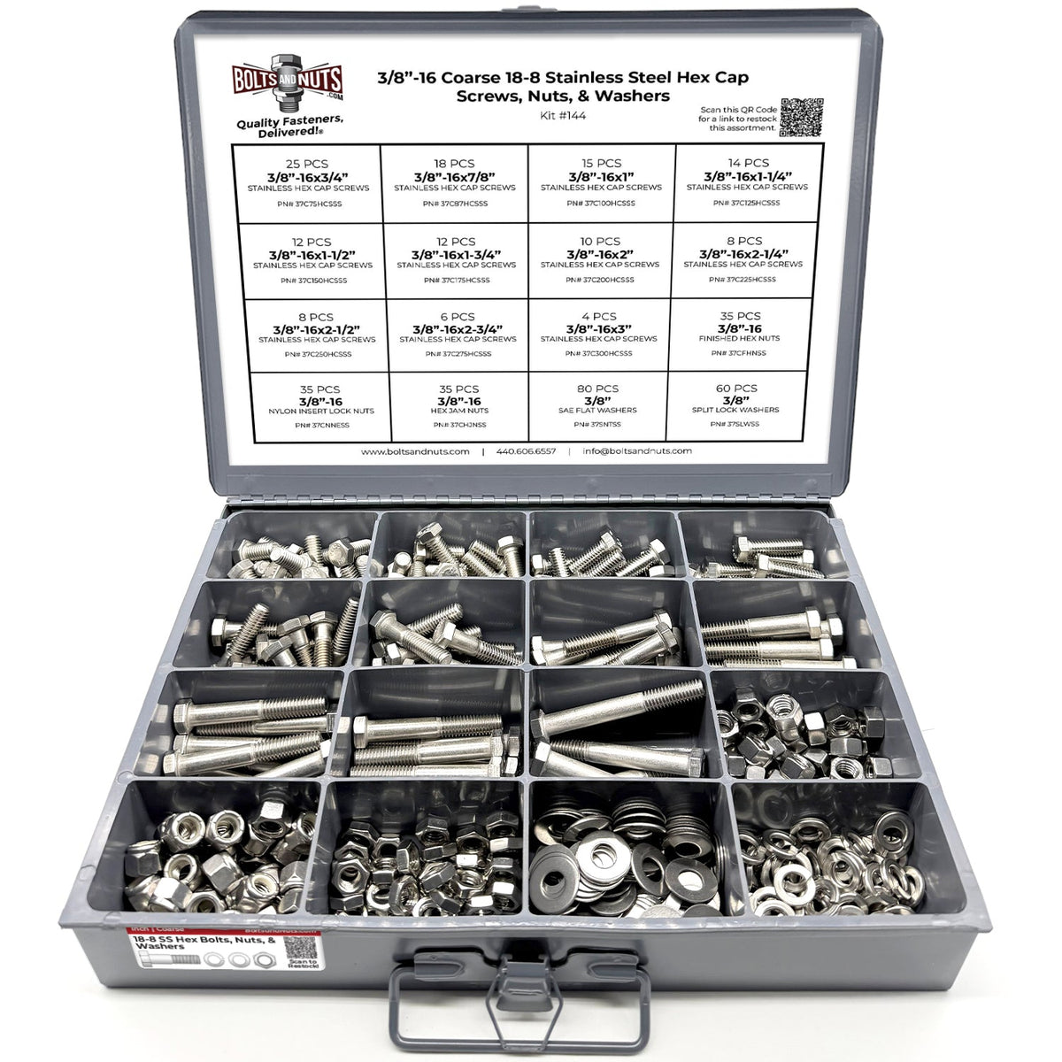 3/8"-16 Coarse 18-8 Stainless Steel Hex Cap Screws, Nuts, & Washers - 378 PCS