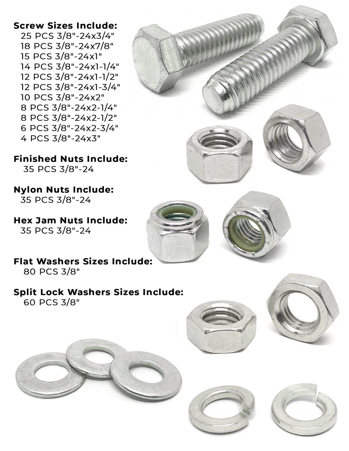 3/8"-24 Fine 18-8 Stainless Steel Hex Cap Screws, Nuts, & Washers - 378 PCS