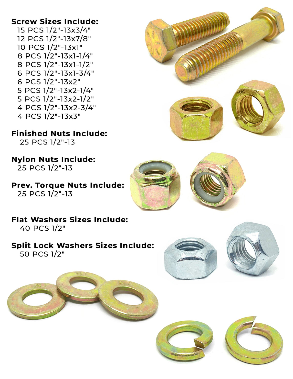 1/2"-13 Coarse Grade 8 Hex Cap Screws, Nuts, & Washers - 249 PCS