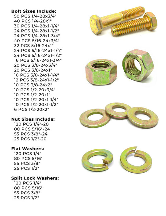 Inch Grade 8 Hex Cap Screws, Hex Nuts, Flat & Lock Washers Fine Thread Zinc Yellow 1/4", 5/16" 3/8", & 1/2" - 1269 PCS