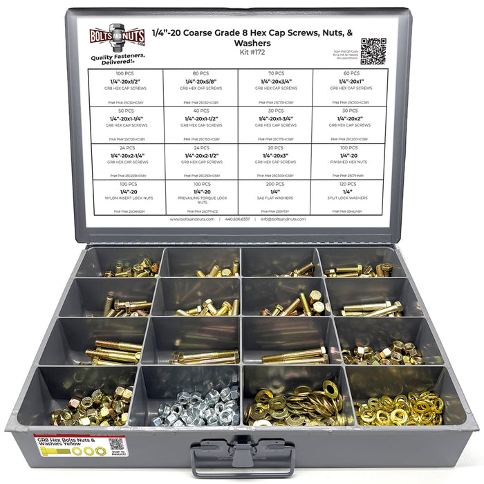 1/4"-20 Coarse Grade 8 Hex Cap Screws, Nuts, & Washers - 1149 PCS
