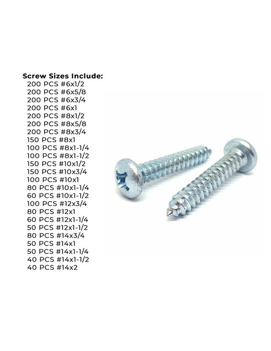 Phillips Pan Head Sheet Metal Self Tapping Screws Assortment - 2841 PCS