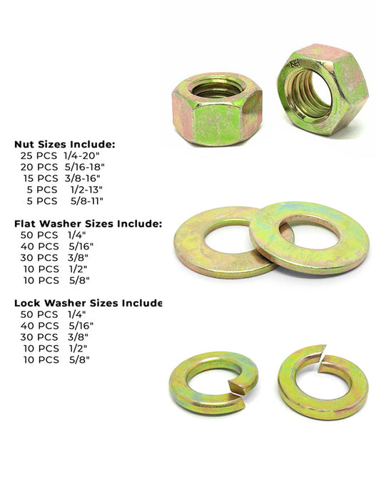 Inch Grade 8 Hex Nut, Flat & Lock Washers Assortment - 351 Pcs