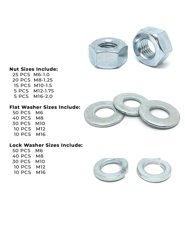 Metric Class 10.9 Hex Nut, Flat & Lock Washers Assortment - 351 Pcs