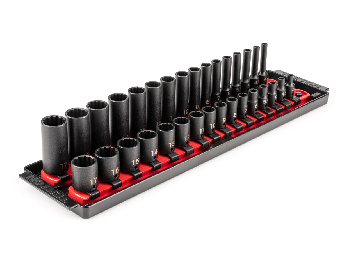 1/4 Inch Drive Shallow and Deep 12-Point Impact Socket Set with Rails and Tray, 32-Piece (4 - 17 mm)