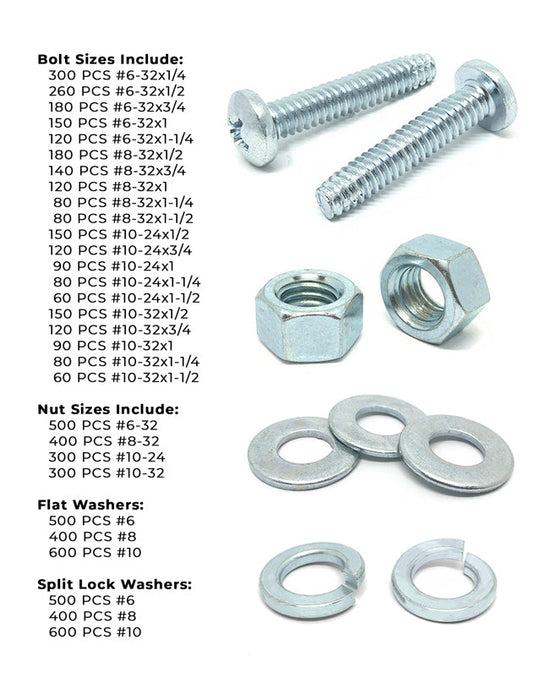 Inch Phillips Pan Head Machine Screws, Hex Nuts, Flat & Lock Washers - 7110 PCS