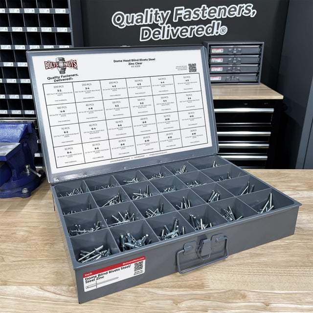 Dome Head Blind Pop Rivets Steel/Steel Mandrel Zinc Clear Assortment - 2036 PCS