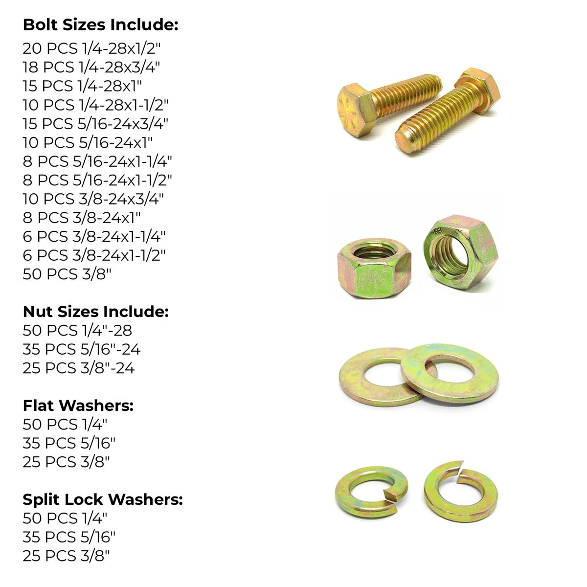 Assortment Kit #583 (465 Pcs.) FINE Grade 8 Hex Cap Screws, FINE Grade 8 Hex Nuts, Grade 8 SAE Flat Washers, Grade 8 Lock Washers - Zinc & Yellow Plated