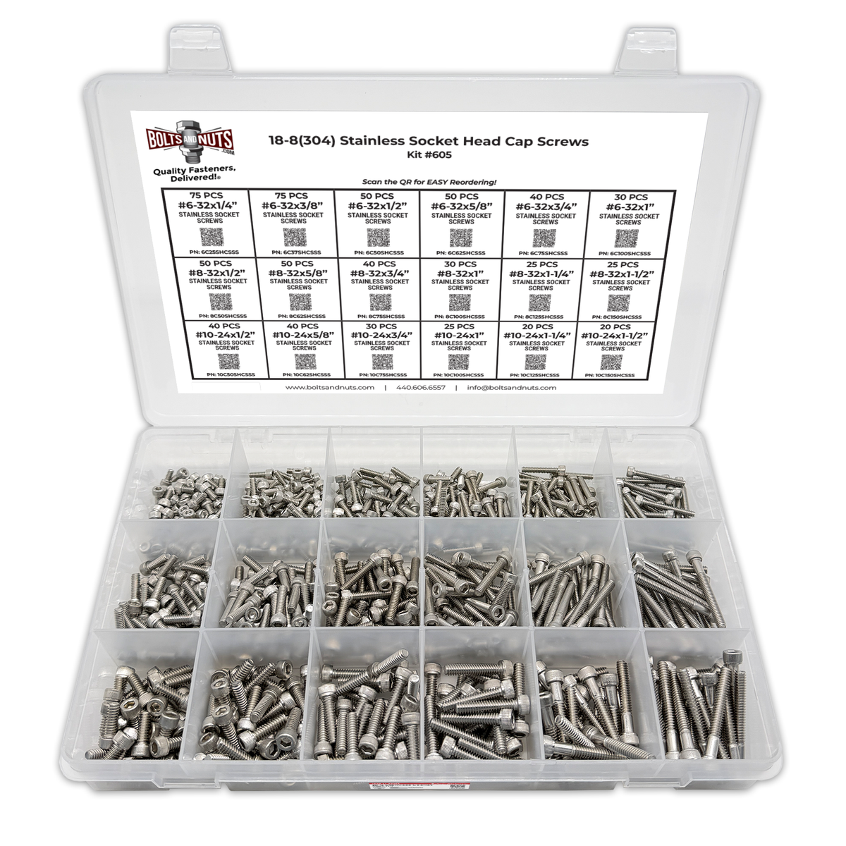 Assortment Kit #605 (716Pcs.)  Small Inch 18-8 Stainless Steel Socket Cap Screws #6 #8 #10