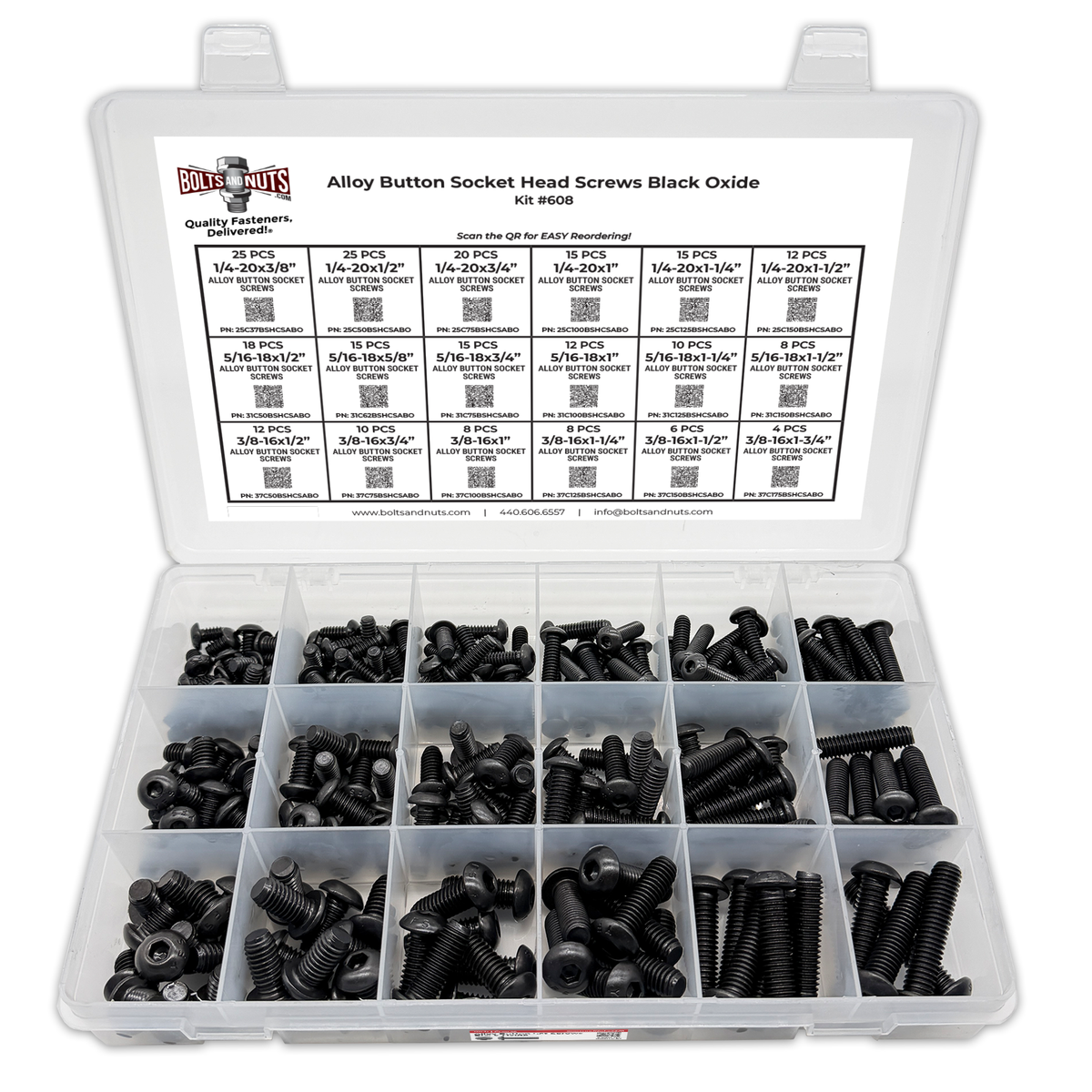 Assortment Kit #608 (239Pcs.)  Alloy Button Socket Head Cap Screws Black Oxide 1/4 5/16 3/8