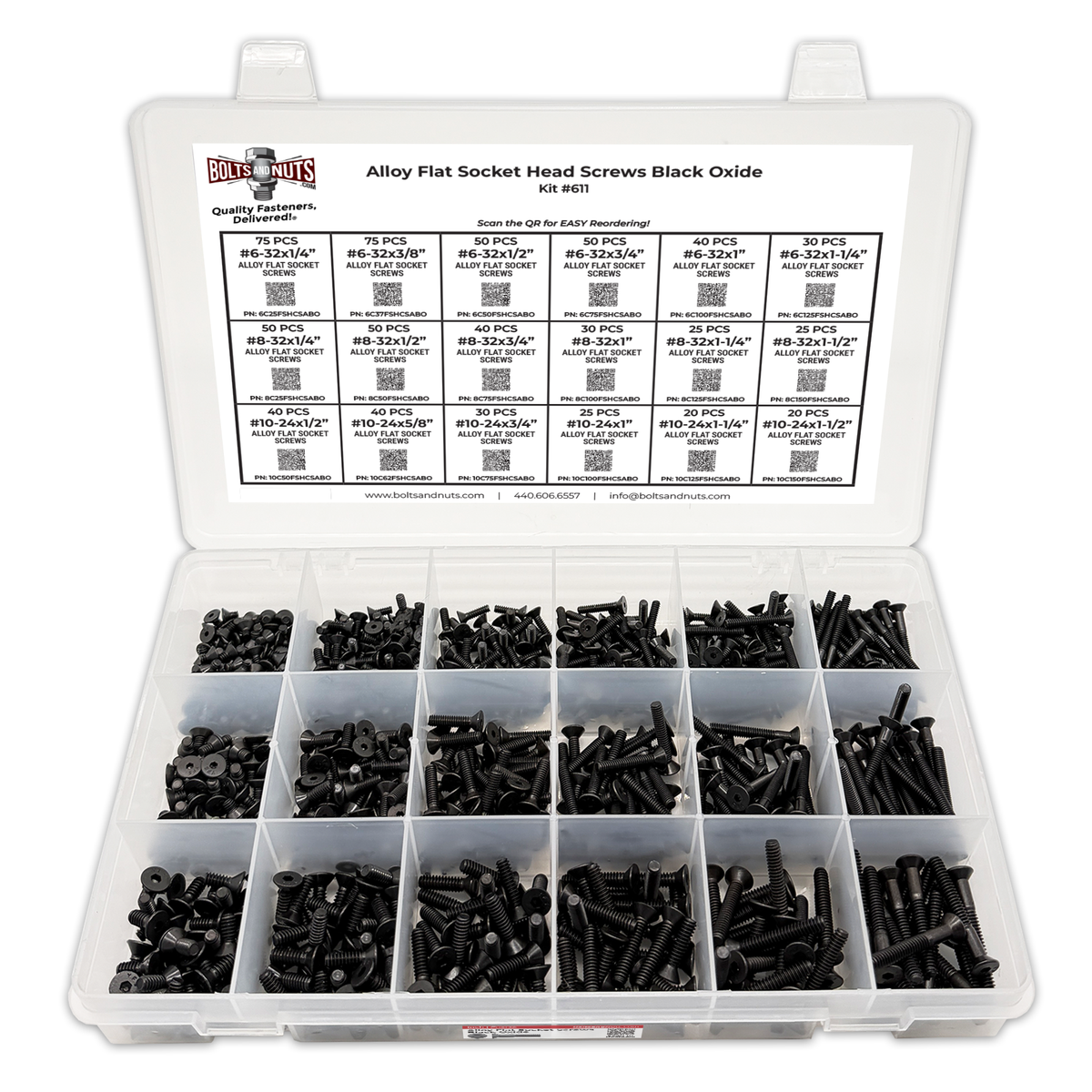 Assortment Kit #611 (716Pcs.)  Small Alloy Flat Socket Head Cap Screws Black Oxide #6 #8 #10