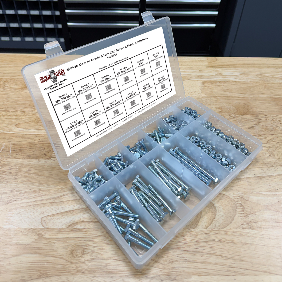 Assortment Kit #625 (421Pcs.) 1/4"-20 Grade 5 Hex Cap Screws, Grade 5 Hex & Nylon Nuts, Flat & Lock Washers - Zinc Plated