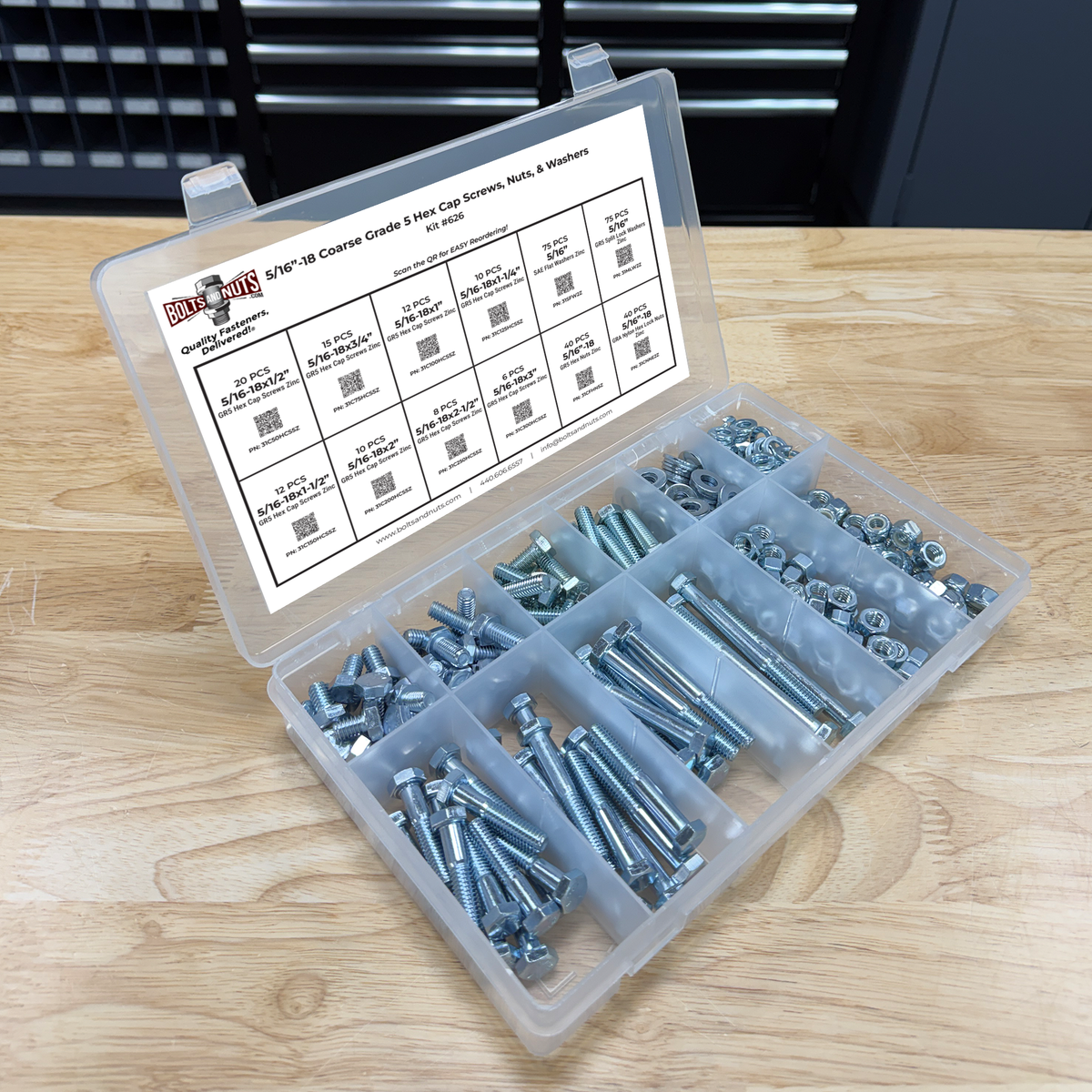 Assortment Kit #626 (324Pcs.) 5/16"-18 Grade 5 Hex Cap Screws, Grade 5 Hex & Nylon Nuts, Flat & Lock Washers - Zinc Plated