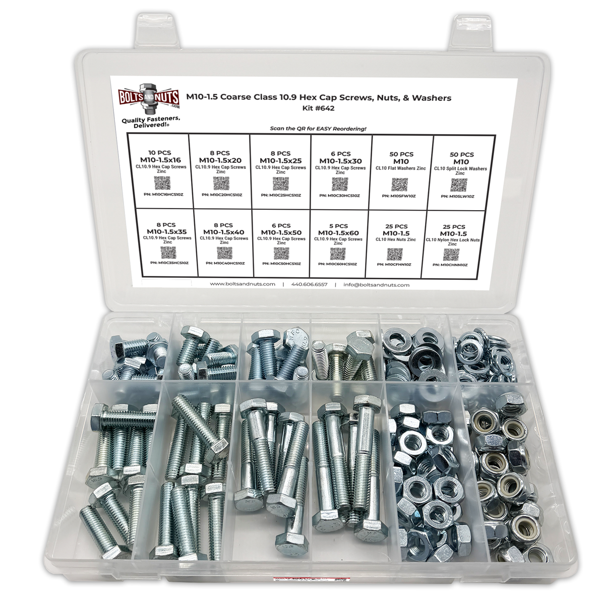 Assortment Kit #642 (210Pcs.) M10-1.5 Class 10.9 Hex Cap Screws, Hex & Nylon Nuts, Flat & Lock Washers - Zinc Plated