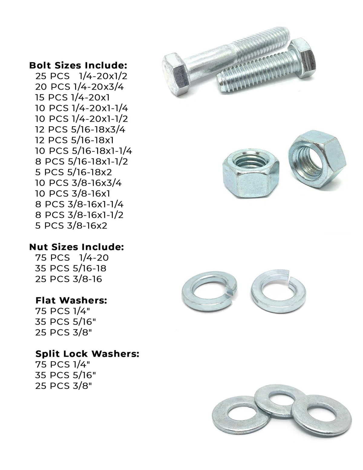 Inch Grade 5 Hex Cap Screws, Hex Nuts, Flat & Lock Washers - 573 PCS