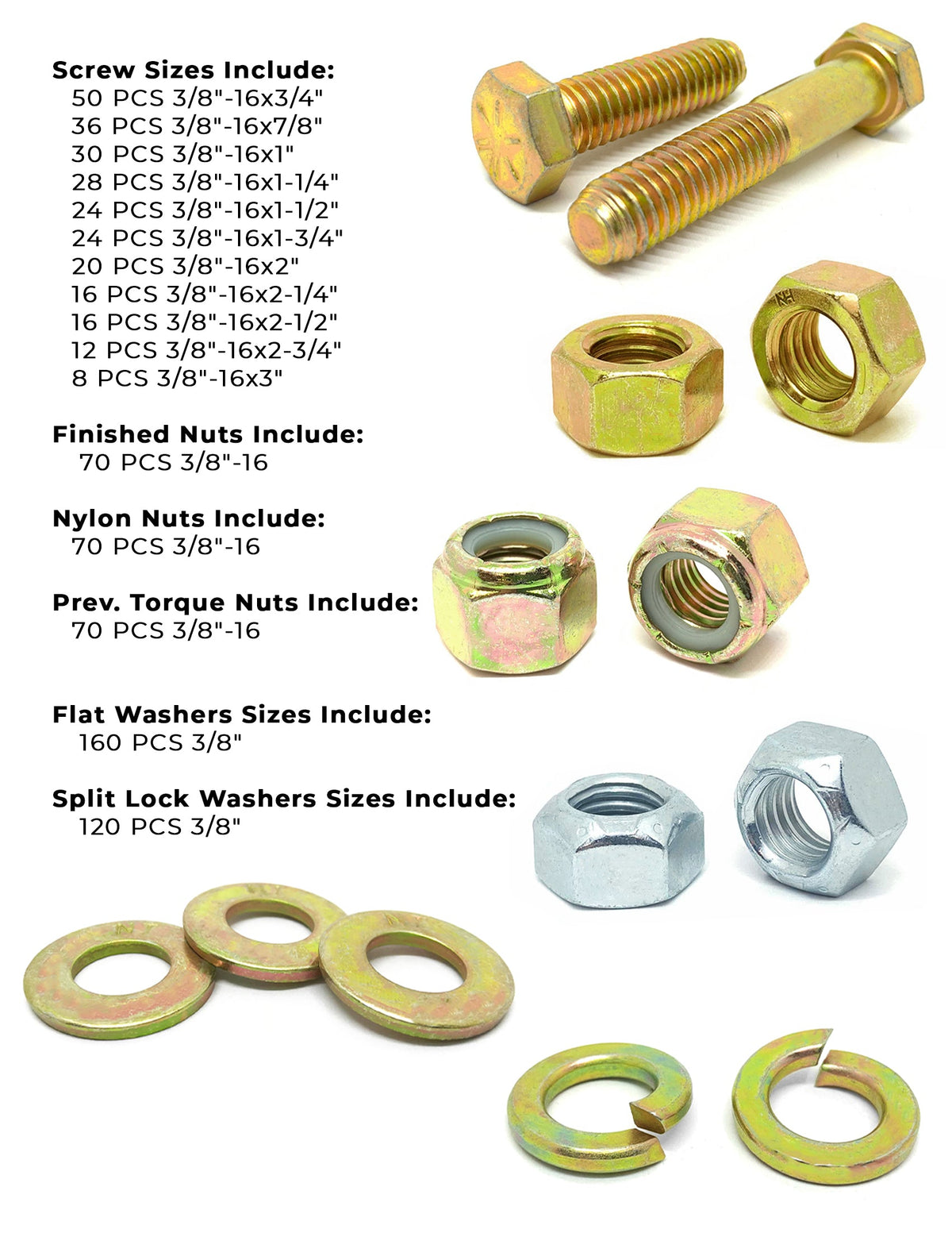 3/8"-16 Coarse Grade 8 Hex Cap Screws, Nuts, & Washers - 754 PCS