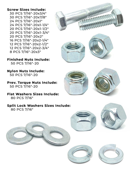 7/16"-20 Fine Grade 5 Hex Cap Screws, Nuts, & Washers - 527 PCS