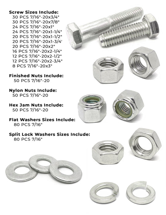 7/16"-20 Fine 18-8 Stainless Steel Hex Cap Screws, Nuts, & Washers - 528 PCS