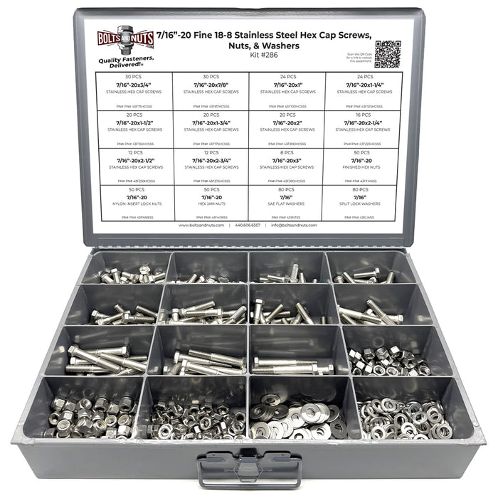 7/16"-20 Fine 18-8 Stainless Steel Hex Cap Screws, Nuts, & Washers - 528 PCS