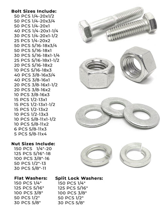 Inch 18-8 Stainless Hex Cap Screws, Hex Nuts, Flat & Lock Washers - 2012 PCS