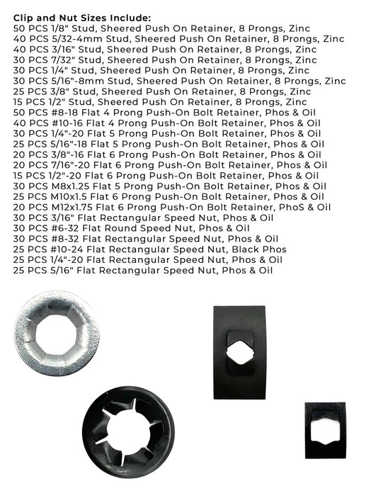 Inch and Metric Push-On Bolt Retainers and Speed Nuts Assortment - 696 PCS