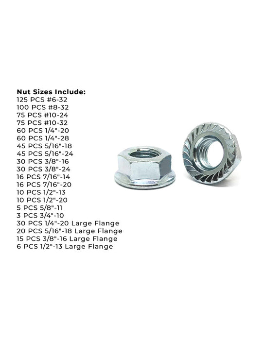 Case Hardened Serrated Hex Flange & Large Flange Lock Nuts Zinc Assortment - 777 pcs