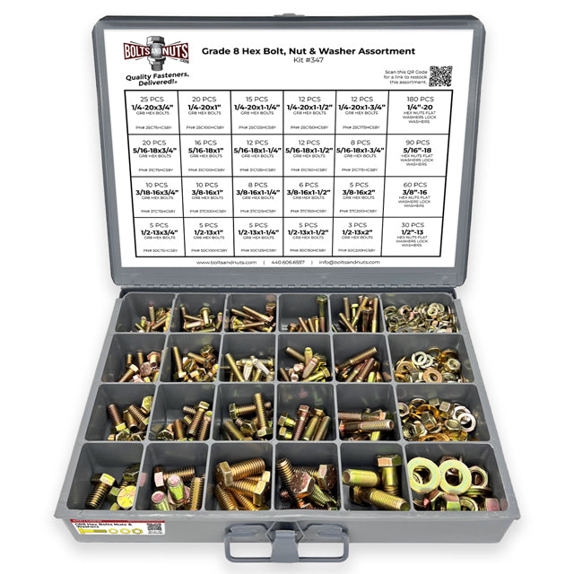 Inch Grade 8 Hex Cap Screws, Hex Nuts, Flat & Lock Washers 1/4", 5/16" 3/8", & 1/2"  - 575 PCS