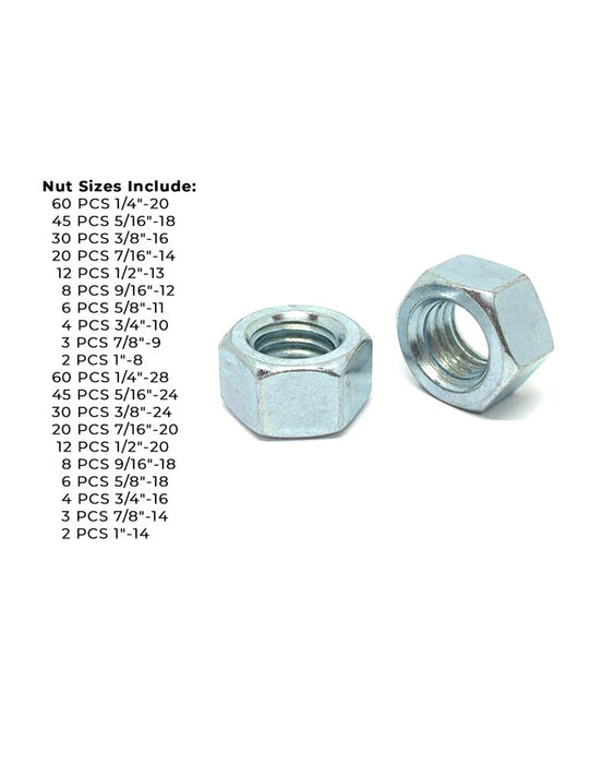 Grade 5 Finished Hex Nut Coarse & Fine Zinc Clear Assortment - 381 pcs