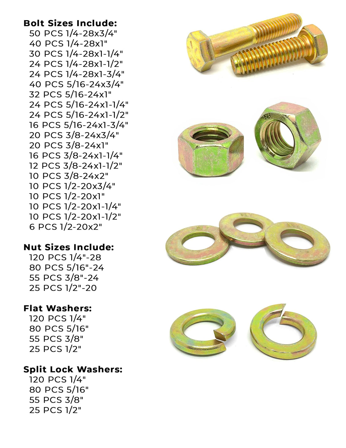 Inch Grade 8 Hex Cap Screws, Hex Nuts, Flat & Lock Washers Fine Thread Zinc Yellow 1/4", 5/16" 3/8", & 1/2" - 1268 PCS