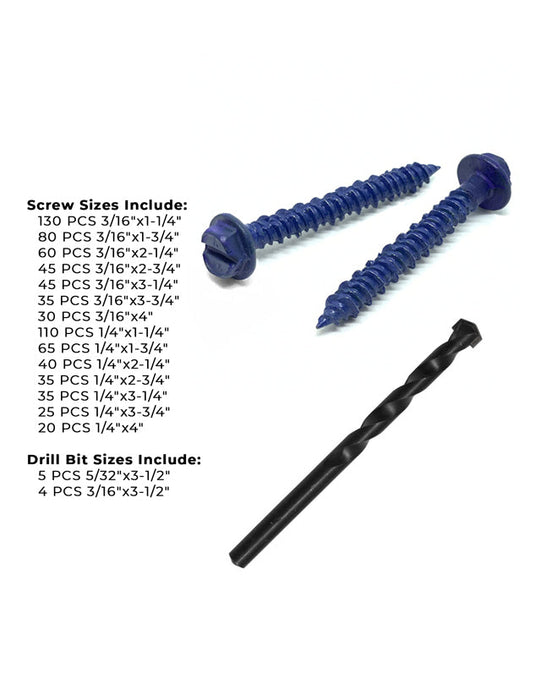 Slotted Hex Washer Head Concrete Screws Assortment - 765 PCS