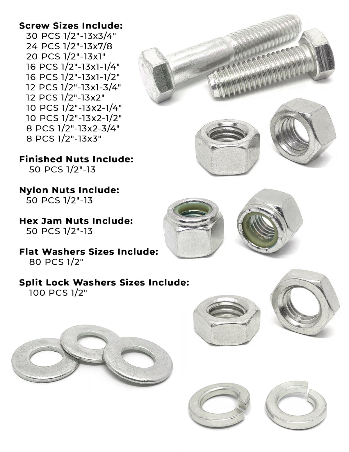 1/2"-13 Coarse 18-8 Stainless Steel Hex Cap Screws, Nuts, & Washers - 496 PCS