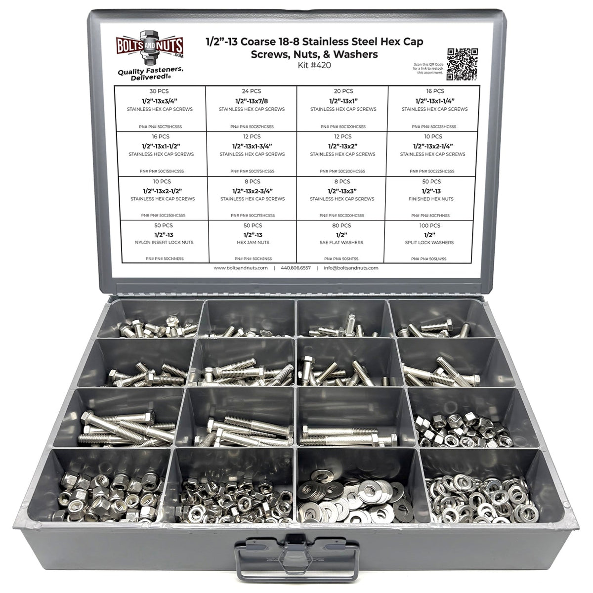 1/2"-13 Coarse 18-8 Stainless Steel Hex Cap Screws, Nuts, & Washers - 497 PCS