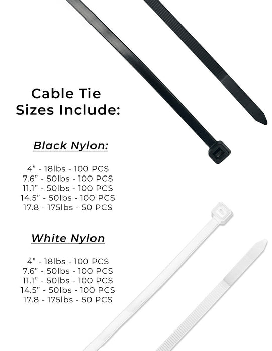 Nylon Cable Zip Ties UV Resistant Black & White Nylon - 900 PCS