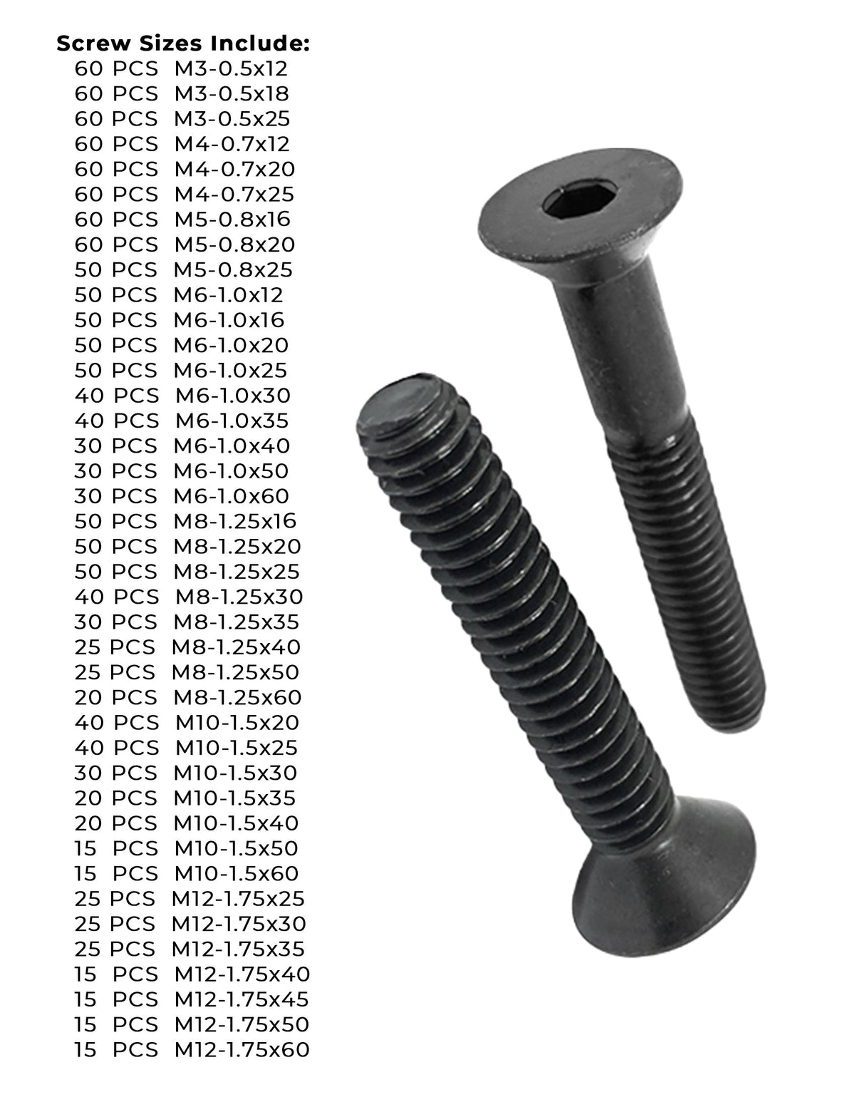 Metric Class 12.9 Flat Socket Head Cap Screws - 1511 PCS