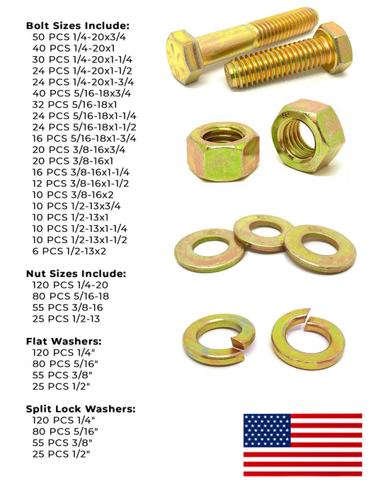 Inch Grade 8 Hex Cap Screws, Hex Nuts, Flat & Lock Washers Coarse Thread Zinc Yellow USA Made Hardware - 1268 PCS