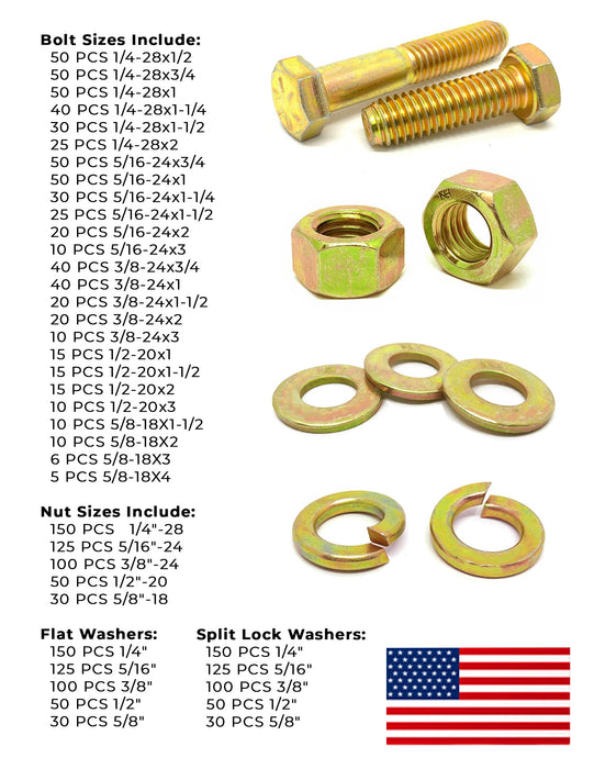 Inch Grade 8 Fine Hex Cap Screws, Hex Nuts, Flat & Lock Washers Zinc Yellow USA Made Hardware - 2012 PCS