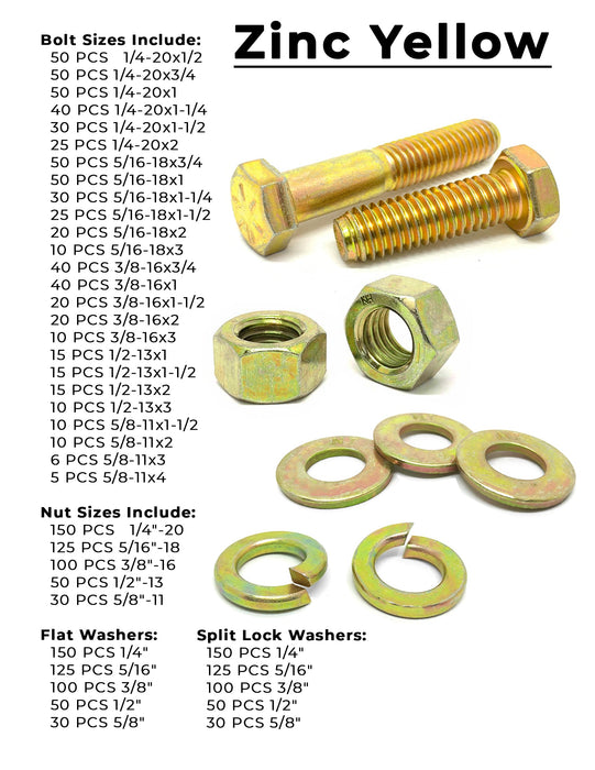 Inch & Metric Grade 8 and Class 10.9 Cap Screws, Nuts, Washers & Lock Washers - Zinc Clear & Zinc Yellow - 4022 PCS