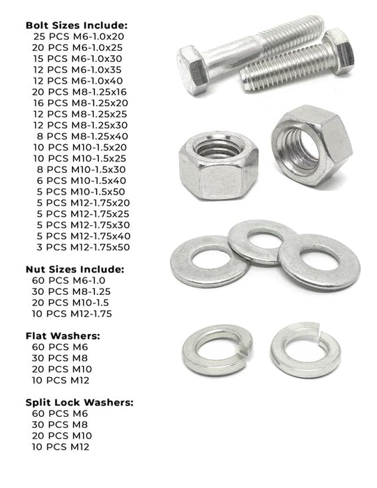 Metric A4 Stainless Steel Hex Cap Screws, Hex Nuts, Flat & Lock Washers - 575 PCS